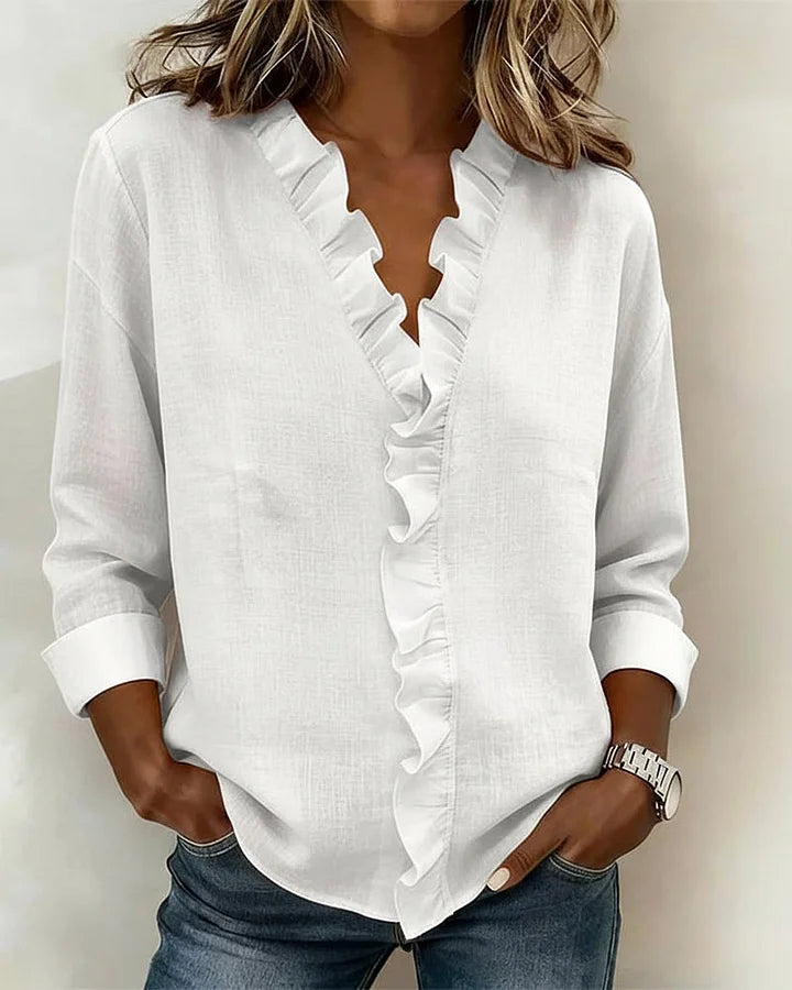 Susan | Bluse mit Rüschen, V-Ausschnitt und langen Ärmeln