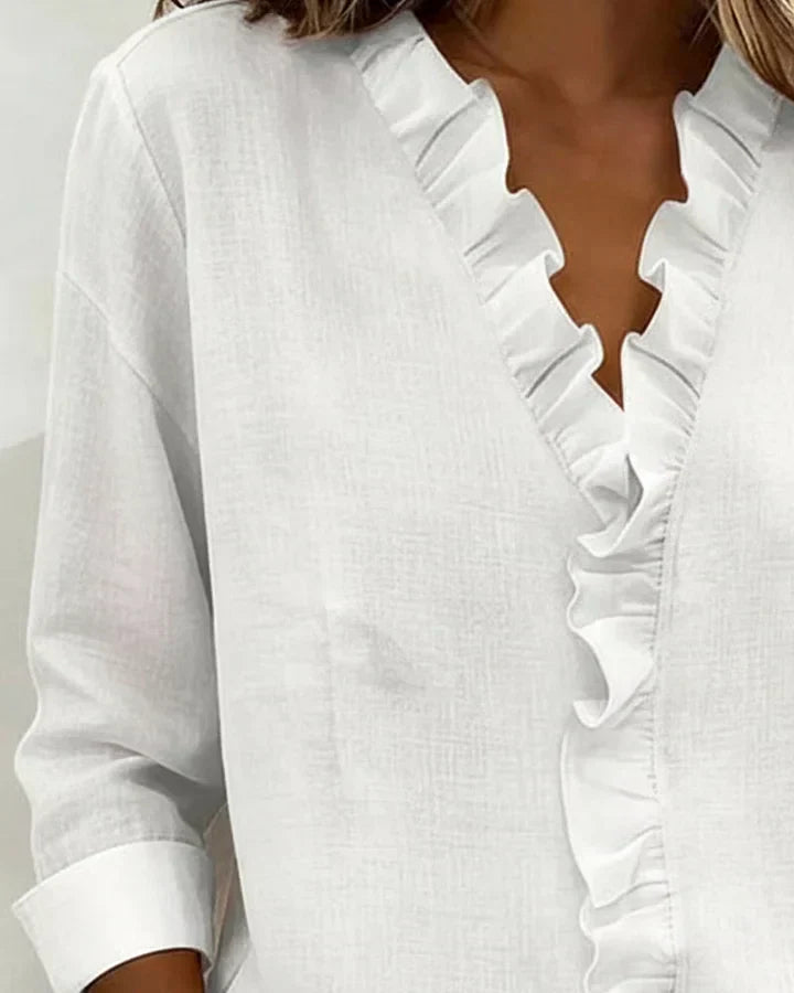 Susan | Bluse mit Rüschen, V-Ausschnitt und langen Ärmeln