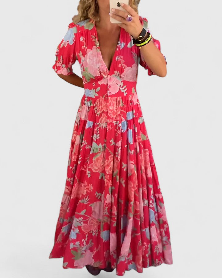 Ursula | Elegantes Kleid mit Blumenmuster und V-Ausschnitt