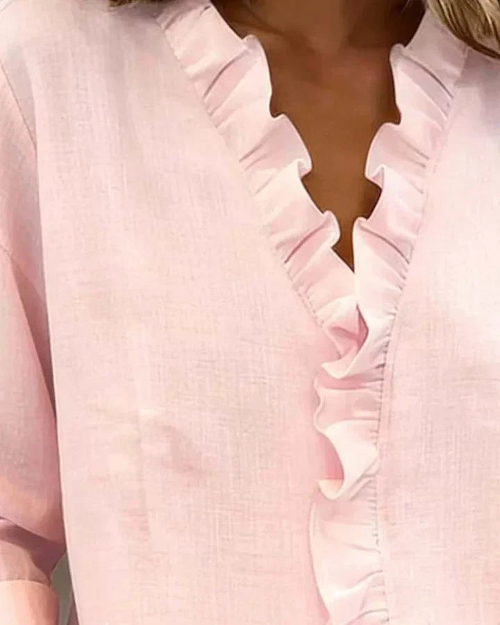Susan | Bluse mit Rüschen, V-Ausschnitt und langen Ärmeln