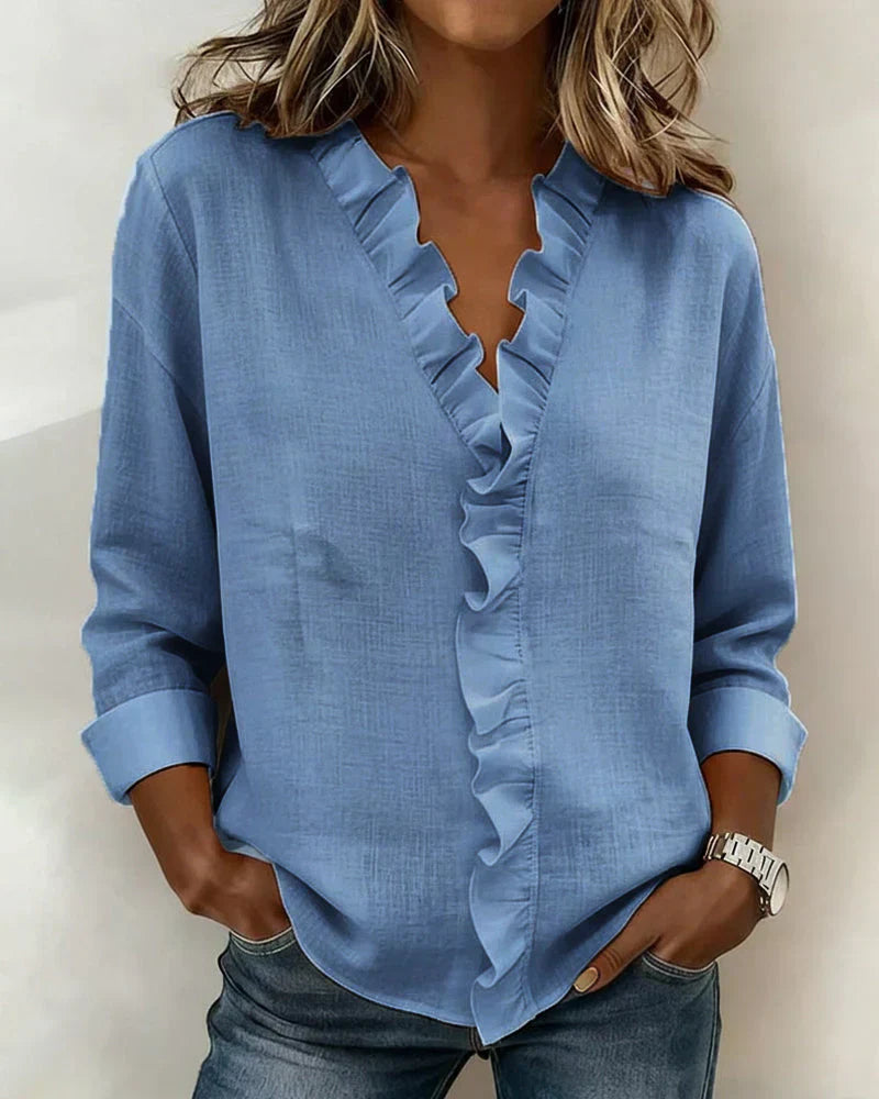 Susan | Bluse mit Rüschen, V-Ausschnitt und langen Ärmeln