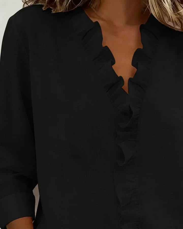 Susan | Bluse mit Rüschen, V-Ausschnitt und langen Ärmeln